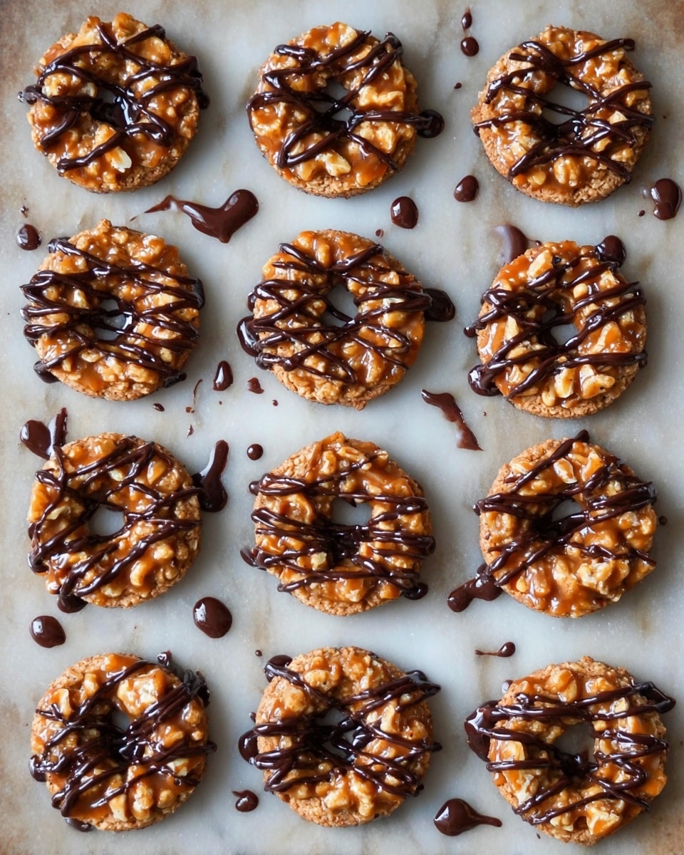 Fifteen round cookies arranged in three rows on white parchment paper over a white marbled surface are shown. Each cookie has a golden brown base with a textured top layer made of small rice cereal clusters. The cookies have an open center hole like a ring, and a thin drizzle of dark chocolate crosses the top horizontally and diagonally, creating a striped pattern on each cookie. The chocolate is glossy and slightly melted, with a few drops pooled around some cookies. The image is bright and clear, with even lighting emphasizing the crunchy texture and shiny chocolate, photo taken with an iphone --ar 4:5 --v 7