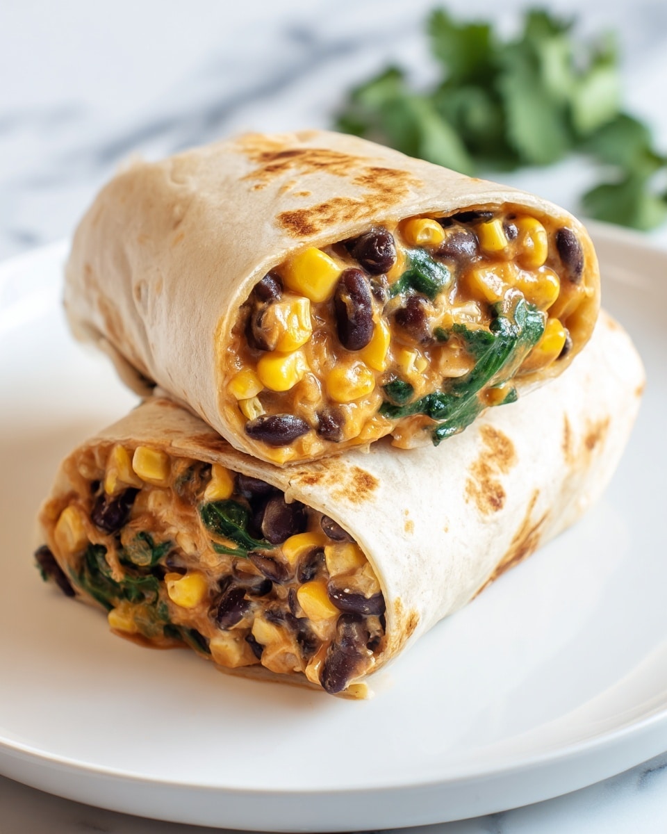 This image shows two halves of a burrito stacked on a white plate. The burrito is wrapped in a soft, light beige tortilla with some light brown spots from cooking. Inside, there are three visible layers: black beans giving a dark color and smooth texture, bright yellow corn kernels adding a pop of color, and green spinach leaves mixed with melted orange cheese that looks creamy and rich. The burrito is cut open, showing these layers packed tightly together. The background has a blurred white marbled texture with some green herbs visible. Photo taken with an iphone --ar 4:5 --v 7