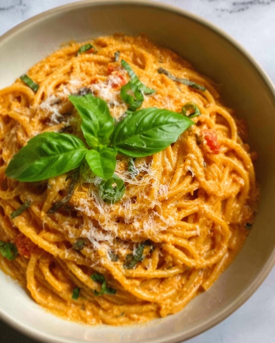 A close-up view of a bowl of spaghetti pasta coated in a creamy orange-red sauce with small bits of vegetables and herbs mixed in, topped with shredded white cheese and fresh green basil leaves placed in the center, all served in a white bowl set on a white marbled surface. Photo taken with an iphone --ar 4:5 --v 7