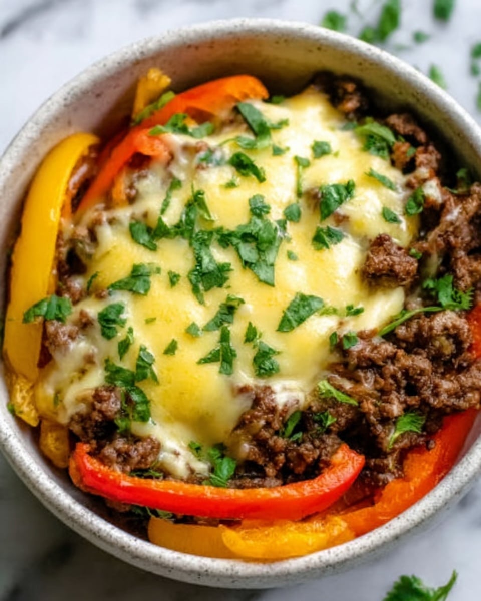 A close-up of a white bowl filled with cooked ground beef at the bottom, topped with smooth, creamy melted yellow cheese covering the meat partially, and sprinkled with small green cilantro leaves on the cheese. Around the edges of the bowl, there are slices of colorful yellow and red bell peppers peeking out from underneath the beef and cheese layers. The bowl is set on a white marbled surface. Photo taken with an iphone --ar 4:5 --v 7
