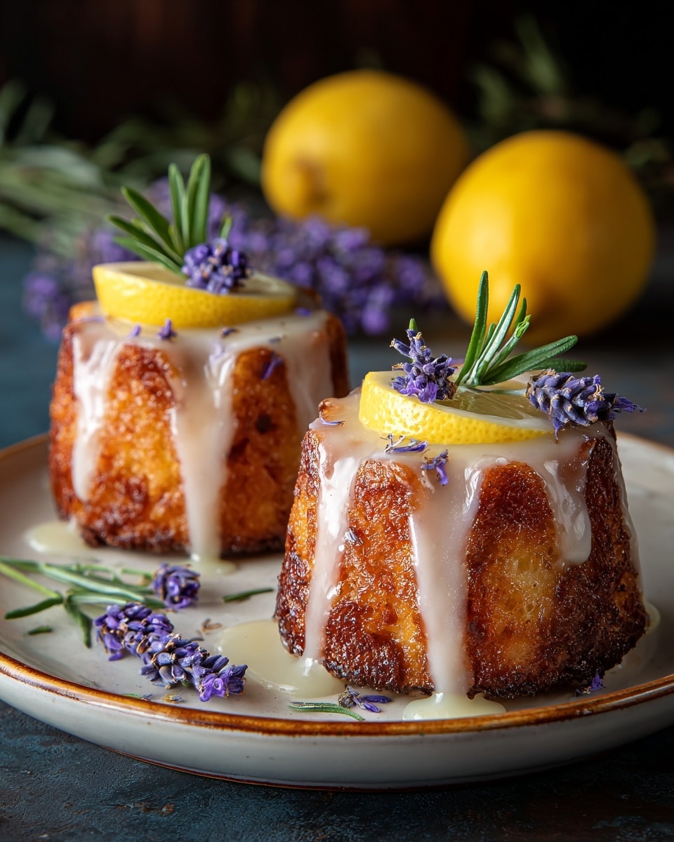 Two small bundt cakes with a golden brown, crispy outside sit on a white plate with a light brown rim. Each cake is covered with a shiny white glaze that drips down the sides onto the plate. On top of each cake is a small wedge of lemon and a sprig of green rosemary. Purple lavender flowers are sprinkled on the cakes and laid beside them on the plate. In the background, two whole lemons and some purple lavender flowers sit against a dark, blurry backdrop. photo taken with an iphone --ar 4:5 --v 7