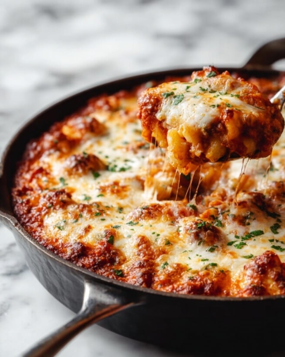 A close-up of a round black pan filled with a baked pasta dish that has multiple layers: the bottom layer is a rich red tomato sauce visible around the edges, topped with golden browned melted cheese that is bubbly and creamy, scattered with small bits of green herbs for color. A spoon with a dark handle is lifting some cheesy pasta from the pan, showing soft textured pasta beneath the cheese layer. The pan rests on a white marbled textured surface, creating a clean background. Photo taken with an iphone --ar 4:5 --v 7