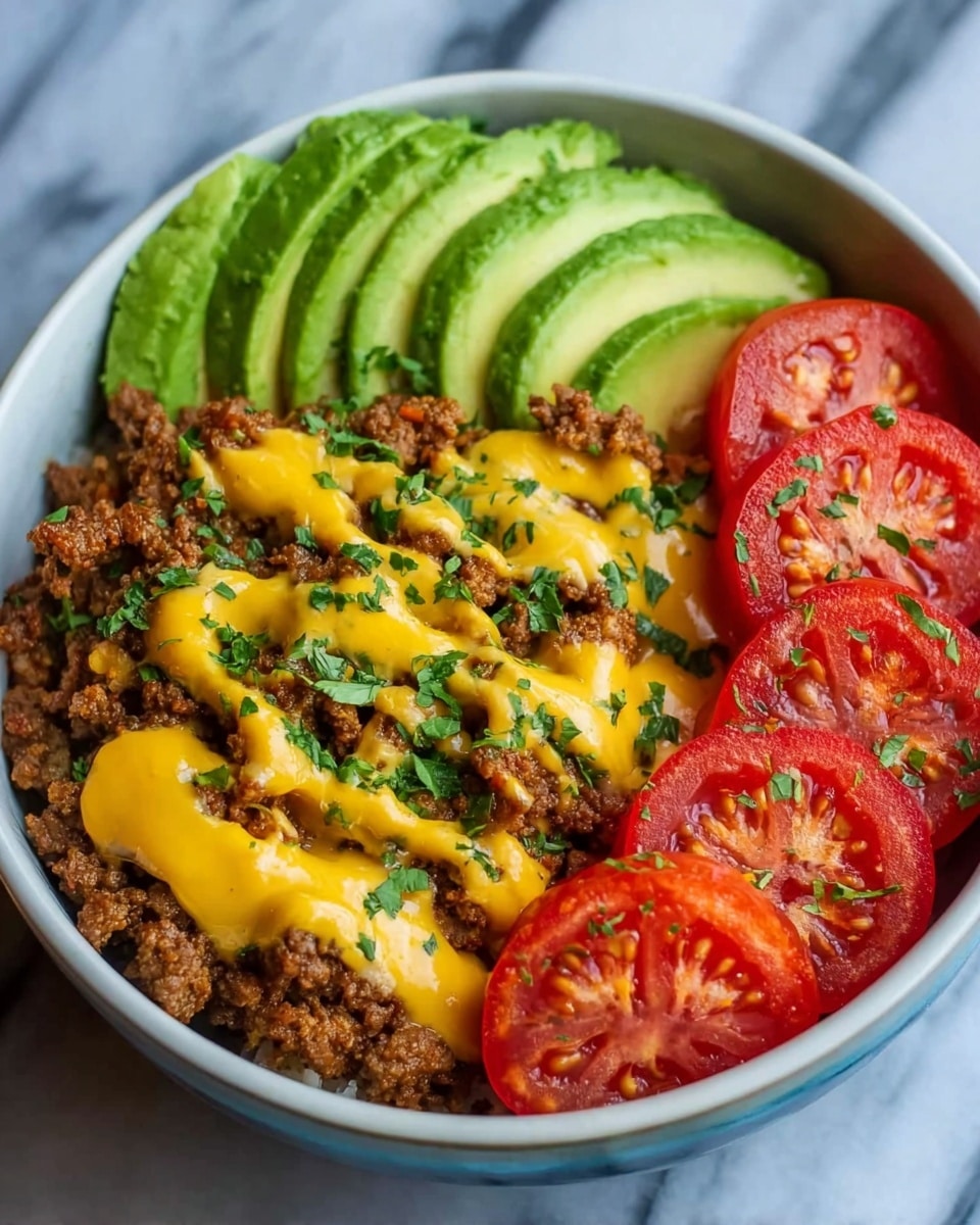 The image shows a white bowl filled with three main layers arranged side by side. On the left, there are slices of green avocado with a smooth texture. The middle layer consists of cooked ground beef with a crumbly, browned look, topped with bright yellow melted cheese drizzles and sprinkled with chopped green herbs. On the right, there are slices of fresh red tomatoes with a juicy texture, also sprinkled with chopped green herbs. The bowl rests on a white marbled surface. Photo taken with an iphone --ar 4:5 --v 7