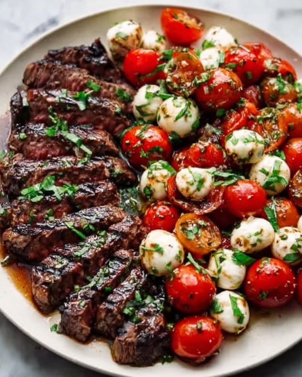 The image shows a white plate filled with a sliced grilled steak on the left side, dark brown with visible char marks. On the right side, there is a mix of small round cherry tomatoes in bright red and white mozzarella balls, both covered with chopped green herbs. The steak and salad are close together, with a slight shine from the juices and oil. The plate sits on a white marbled surface. photo taken with an iphone --ar 4:5 --v 7