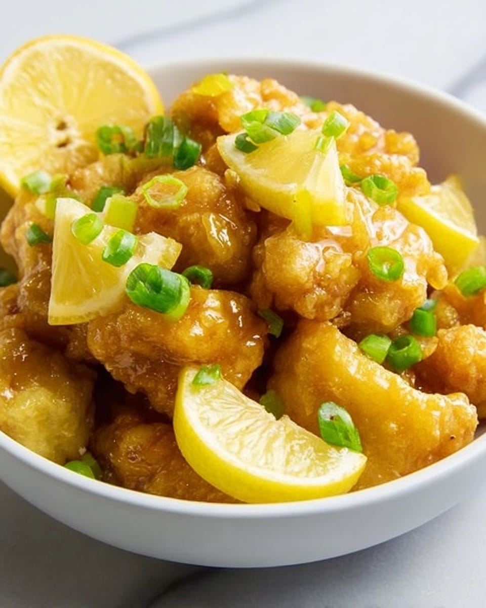 The image shows a close-up of a white bowl filled with golden-brown battered and fried chicken pieces coated in a shiny yellow sauce. The chicken chunks are topped with small bright green chopped scallions and several small, thin lemon wedges scattered throughout, adding a fresh contrast to the warm colors. The bowl sits on a white marbled surface, and a halved lemon is blurred in the background behind the bowl. The overall look is bright and fresh with a mix of smooth sauce texture and crispy chicken pieces. Photo taken with an iphone --ar 4:5 --v 7