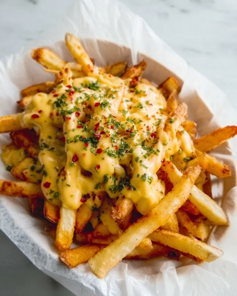 A white paper-lined basket holds a generous serving of golden French fries topped with melted creamy cheese sauce that is pale yellow, with small bits of crispy, browned bacon scattered evenly on top, adding texture and a reddish-brown color contrast. The fries underneath are crispy and stacked irregularly, showing some edges and corners peeking through the cheese. The whole dish sits on a white marbled surface. Photo taken with an iphone --ar 4:5 --v 7
