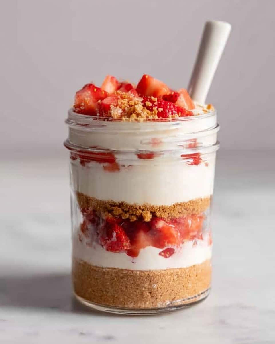 The image shows a clear glass jar with five distinct layers inside, placed on a white marbled surface. The bottom layer is made of light brown crumbly texture, likely crushed biscuits. Above it is a thick smooth white creamy layer, then another light brown crumbly layer similar to the bottom one. The fourth layer consists of bright red diced strawberries mixed with a bit of cream. On the top is a layer of white cream, crowned with more cut strawberries and some crumbs. A white spoon stands inside the jar, leaning against the side. Photo taken with an iphone --ar 4:5 --v 7