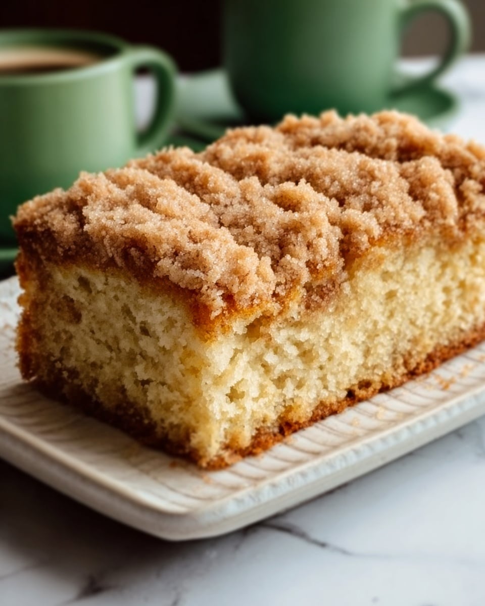 A close-up of a rectangular slice of crumb cake on a white plate, showing two layers: a light golden brown crumb topping with a rough, crumbly texture, and a dense, moist, pale yellow cake base beneath. The cake's surface has a slightly uneven, crispy look, and the soft, spongy inner texture is visible on the cut side. The plate rests on a white marbled surface, with a blurred green cup in the background. Photo taken with an iphone --ar 4:5 --v 7
