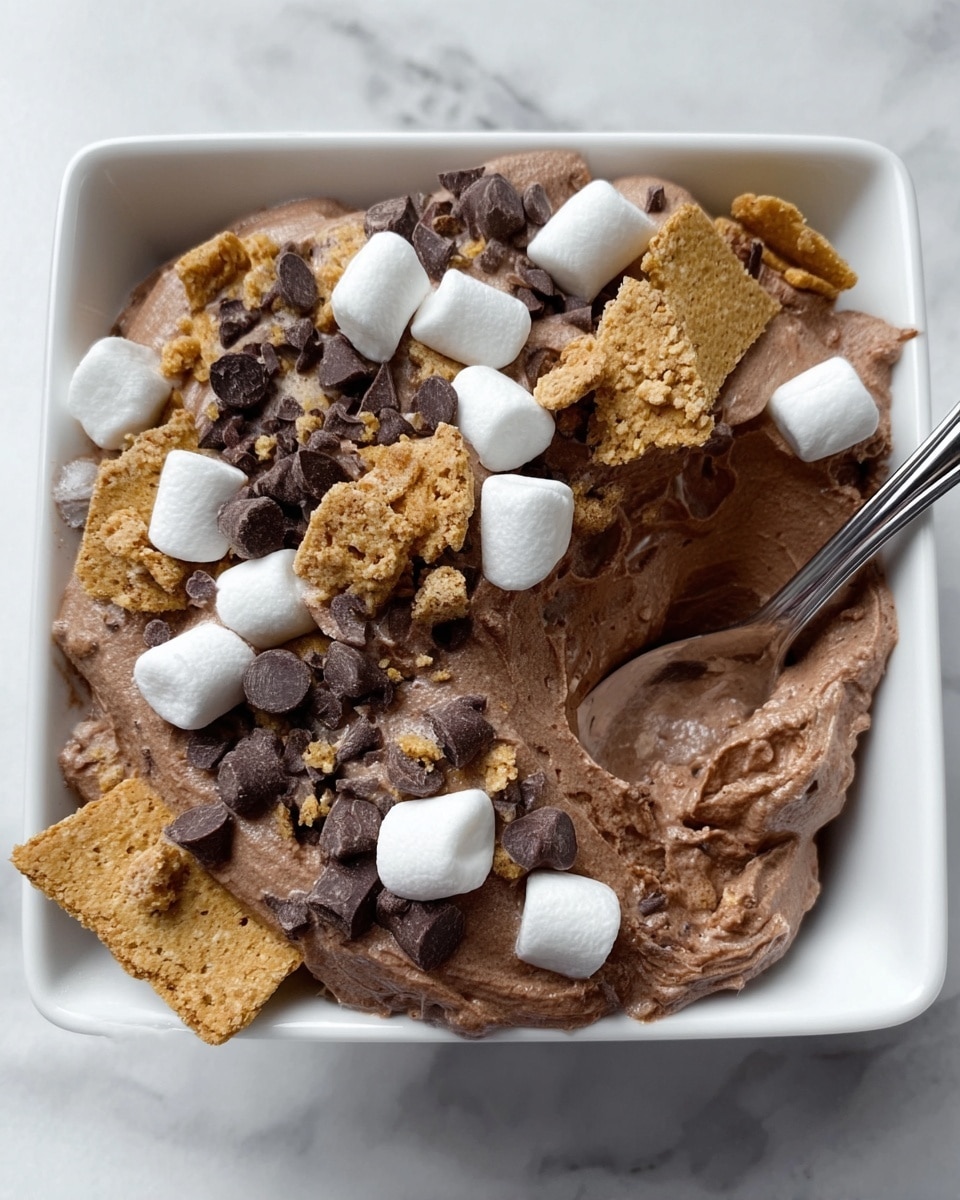 A white square bowl is filled with a thick, creamy layer of chocolate mousse that has a smooth, fluffy texture. Scattered on top are small white mini marshmallows, dark brown chocolate chips, and broken pieces of light brown, crunchy graham crackers. A silver spoon is partly resting in the mousse on the right side of the bowl. The bowl sits on a white marbled surface. photo taken with an iphone --ar 4:5 --v 7