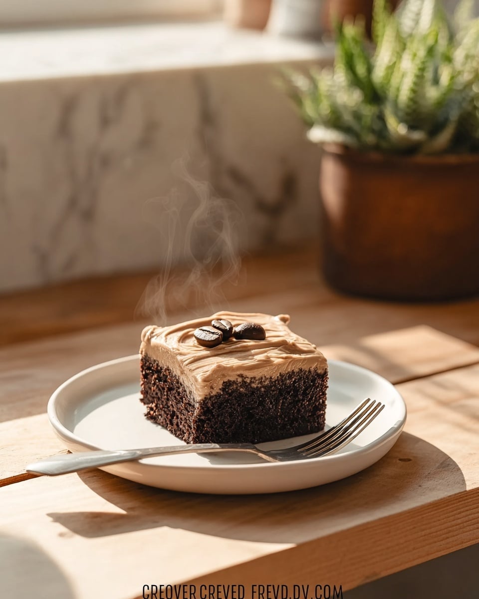 A single square piece of chocolate cake with a thick, smooth layer of light brown frosting sits on a white plate. On top of the frosting are two roasted coffee beans, adding a decorative touch. The cake layer is dark, moist, and textured, showing slight crumb details at the edges. A silver fork lies next to the cake on the plate. Faint steam rises from the cake, suggesting it is freshly baked. The setting has soft natural light, and the plate rests on a warm wooden surface with a white marbled texture background. In the background, there is a brown plant pot with green leaves. photo taken with an iphone --ar 4:5 --v 7