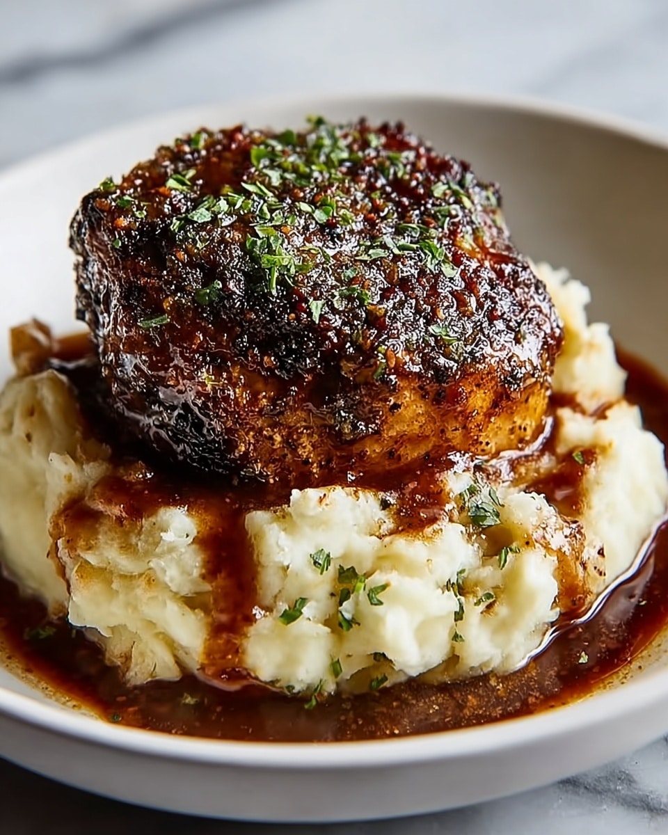 The dish shows two main layers on a white plate sitting on a white marbled surface. The bottom layer is a soft, creamy mashed potato that looks fluffy and slightly uneven in texture, with small green herb specks mixed in. On top of the mashed potatoes, there is a thick piece of dark, crusted meat with a rough texture from herbs and spices, glazed with a shiny brown sauce that drips slightly over the edges and onto the mashed potatoes. Small green herbs are sprinkled on top of the meat for garnish. photo taken with an iphone --ar 4:5 --v 7