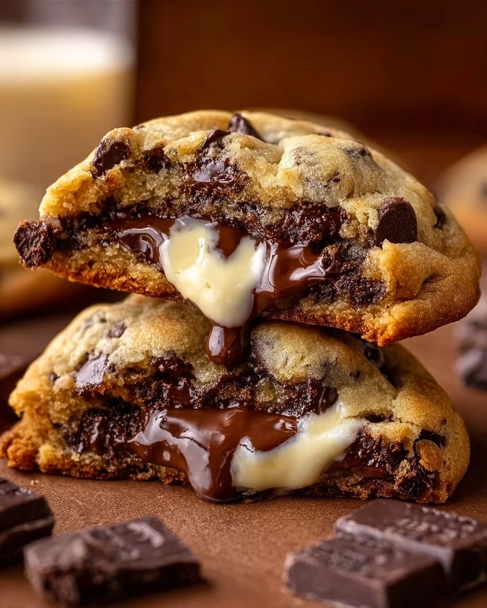A close-up of two thick chocolate chip cookies stacked on a white marbled surface, each split open to reveal a gooey, melted center with dark brown melted chocolate and creamy white filling. The cookie dough is golden brown with visible dark chocolate chips, and the texture looks soft and slightly crumbly around the edges while the center is dense and melted. The top cookie is placed matching the bottom one perfectly, showing the rich, shiny melted chocolate dripping slightly and the creamy filling pooling inside. Photo taken with an iphone --ar 4:5 --v 7