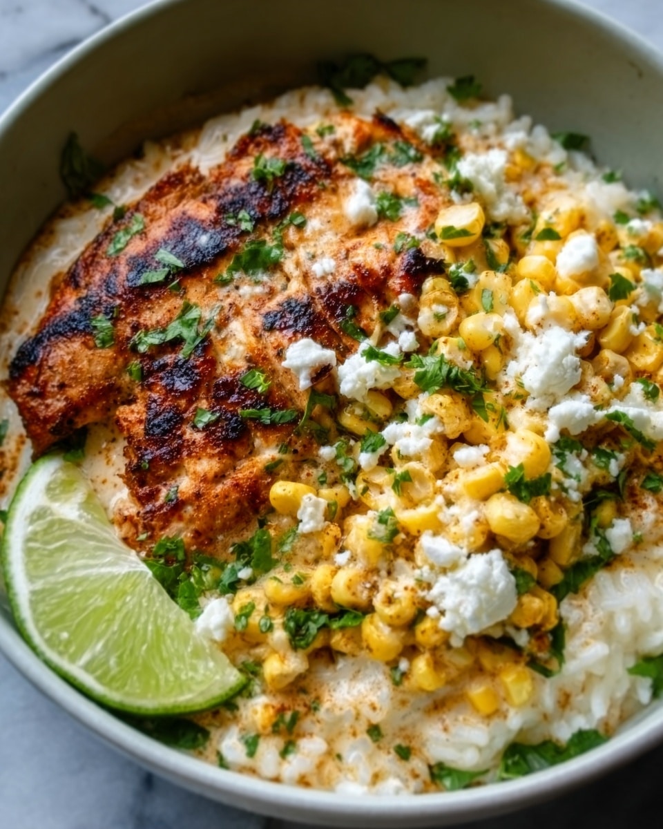 The image shows a close-up of a bowl filled with creamy rice at the bottom, topped with grilled corn kernels that are golden yellow with some charred spots. On top, there is a piece of grilled chicken breast that has a crispy, brown grilled crust. The dish is garnished with chopped green herbs and white crumbled cheese scattered over the chicken and corn. A slice of bright green lime rests on the side inside the bowl, which is white against a white marbled textured surface. The food looks fresh and colorful, showing different textures from creamy to grilled. photo taken with an iphone --ar 4:5 --v 7
