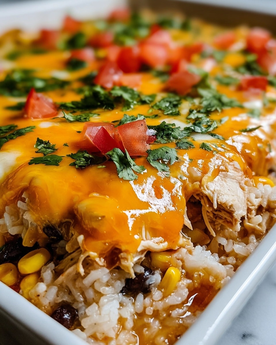 This close-up image shows a layered casserole with three clear layers: at the bottom, cooked rice mixed with yellow corn kernels, black beans, and pieces of white chicken; in the middle, a smooth layer of melted orange cheddar cheese covering the rice mixture; on top, small bright red tomato pieces scattered alongside fresh green cilantro leaves. The layers are moist and richly textured, with melted cheese stretching slightly from the edges. The dish is presented on a white marbled surface. photo taken with an iphone --ar 4:5 --v 7