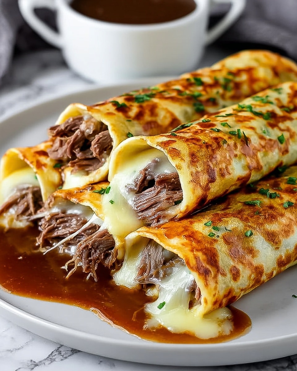 Three rolled crepes lie on a white plate over a white marbled surface, each filled with tender, shredded brown beef and a layer of melted white cheese that stretches slightly out of the open ends. The crepes are golden brown with browned spots and are sprinkled with small bits of chopped green herbs. Rich, glossy brown sauce is poured over and pools slightly on the plate. In the background, there is a white cup filled with dark brown sauce. Photo taken with an iphone --ar 4:5 --v 7