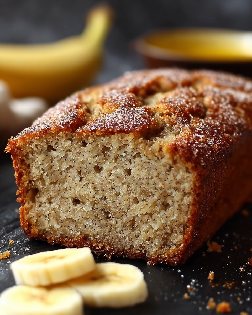 A thick slice of soft banana bread is shown close up on a white marbled surface. The bread has one layer with a light brown crumb that looks moist and speckled with darker bits, likely from banana and cinnamon. The top has a raised texture with deep cracks and a dusting of sparkling sugar and cinnamon, giving a crunchy look. The edges are darker golden brown and firm. A few crumbs lie around it, and blurred banana pieces are visible nearby. Photo taken with an iphone --ar 4:5 --v 7
