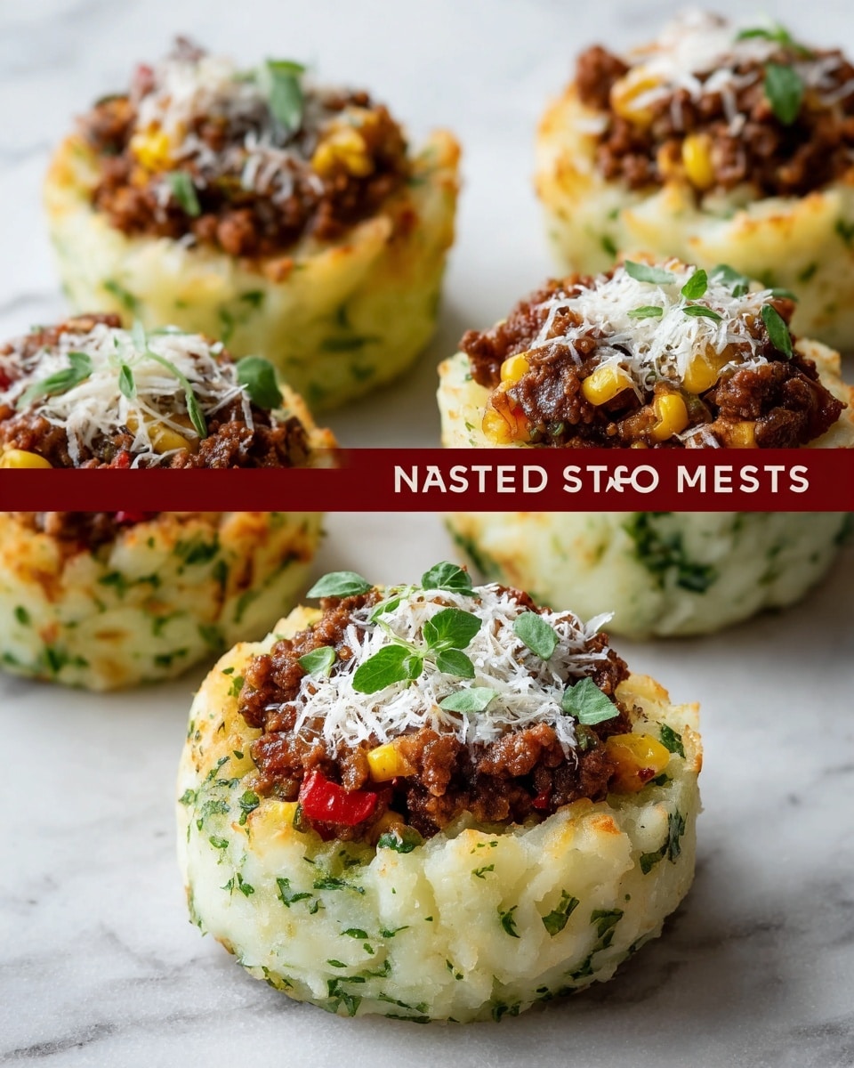 The image shows four stuffed mashed potato nests placed on a white marbled surface. Each nest is made of a pale mashed potato base mixed with green herbs, formed into a round, cup-like shape about one layer thick with a rough, textured surface. Inside each nest is a layer of cooked ground meat mixed with small pieces of red bell pepper and corn kernels, creating a rich brown and colorful filling. The topping consists of finely grated pale cheese sprinkled over the meat layer. In the second part of the image, the nests appear baked, with the mashed potato shells now golden brown and slightly crispy, the ground meat filling is browned, with melted cheese on top, and some fresh green herb sprigs garnish each nest. The background features a white marbled texture with a simple and clean look. Photo taken with an iphone --ar 4:5 --v 7