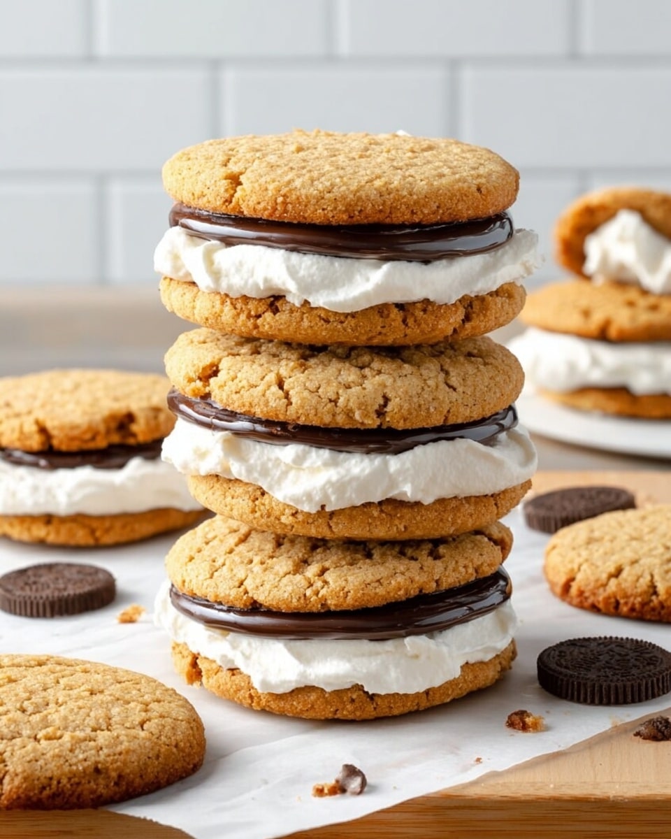 The image shows a tall stack of three cookie sandwiches on white marbled paper. Each sandwich has two light brown, textured cookies with a slightly rough surface. Between each cookie pair, there is a thick, fluffy white cream layer, soft and smooth, with a thin, shiny dark chocolate disk embedded in the cream near the top of the sandwich. Around the stack, a few extra cookie sandwiches lie flat on the white marbled surface, with some dark chocolate disks scattered nearby. The background is a simple white tiled wall, giving a clean and bright look. photo taken with an iphone --ar 4:5 --v 7