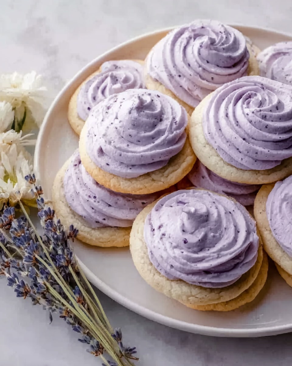 The image shows a white plate filled with multiple round cookies topped with a thick swirl of light purple frosting, each swirl having small darker purple specks sprinkled on top. The cookies have a light golden-brown base with a soft, slightly crumbly texture. The frosting has a smooth, creamy texture with a gentle peak at the center. Next to the plate, there is a small bunch of white flowers and some dried lavender flowers arranged on a white marbled surface. The colors are soft with purple and white tones. photo taken with an iphone --ar 4:5 --v 7