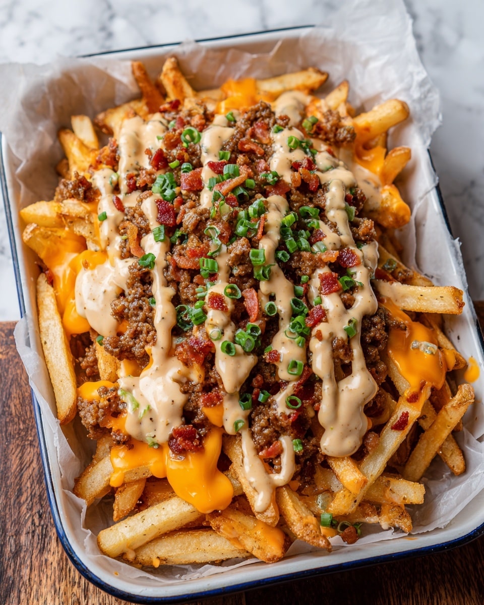 This image shows a white enamel tray lined with parchment paper filled with golden brown fries as the base layer, topped with bright orange melted cheddar cheese pieces. Above the cheese, there is a generous layer of browned ground meat mixed with small bits of cooked bacon. On top, creamy beige sauce is drizzled thickly back and forth, and the dish is finished with scattered finely chopped fresh green onions. The tray sits on a wooden surface replaced by a white marbled texture. Photo taken with an iphone --ar 4:5 --v 7