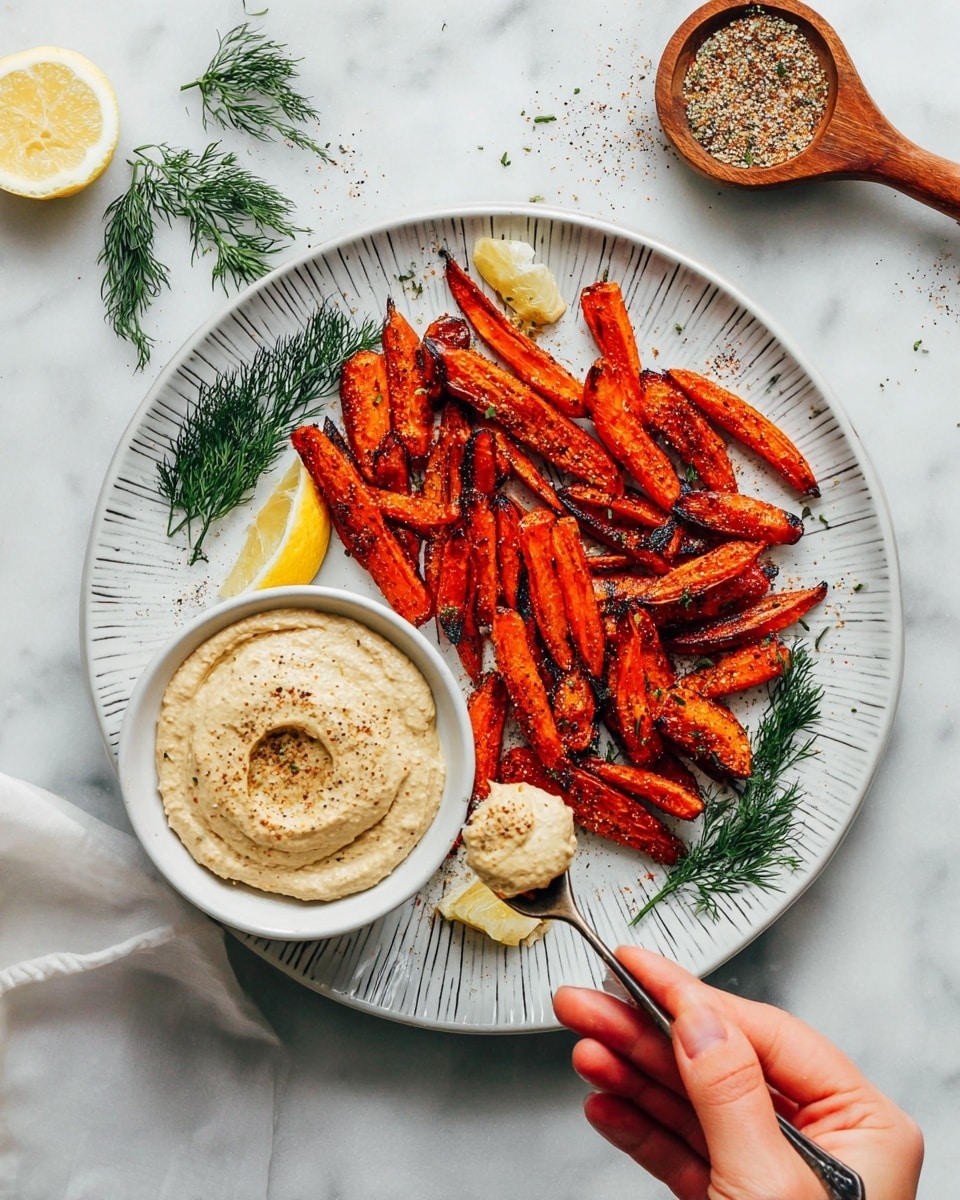 A large white plate with lines holds a layer of bright orange roasted carrot sticks with some charred edges, arranged in a loose pile mostly on the upper half of the plate. Two lemon wedges and sprigs of green dill are artfully placed around the carrots. Near the front edge, a smaller white bowl with creamy beige dip, sprinkled with coarse spices, sits on the plate. A woman’s hand holds this bowl, while another woman's hand scoops some dip with a spoon, showing a textured and thick consistency. The plate is set on a white marbled surface with a wooden spoon filled with seasoning and more dill scattered nearby. photo taken with an iphone --ar 4:5 --v 7