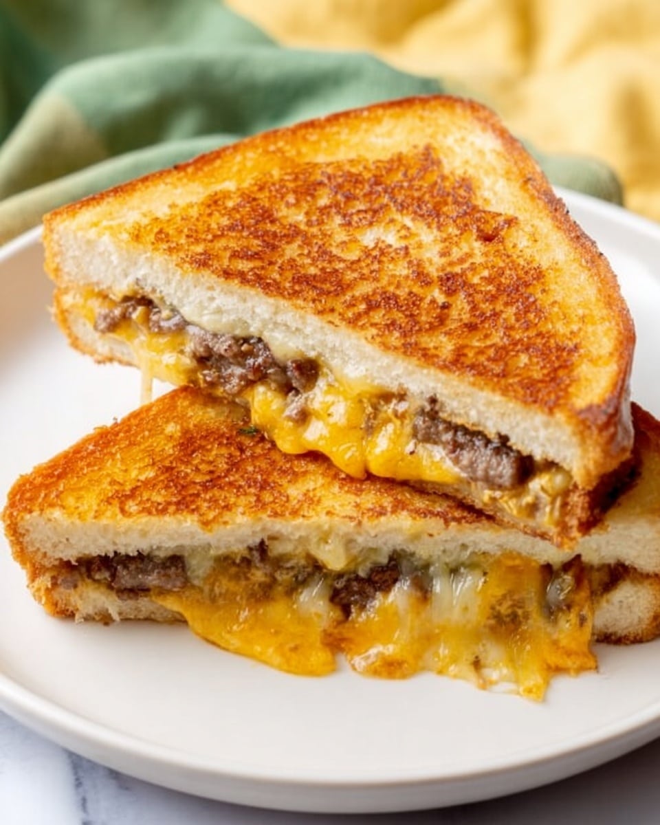 The image shows a white plate with two halves of a grilled cheese sandwich cut diagonally. The sandwich has three visible layers: the top and bottom layers are golden-brown toasted bread with a crispy texture, the middle layer has melted yellow cheese mixed with a melted white cheese, and there is a cooked beef patty layered between the cheeses. The melted cheese spills slightly out of the sandwich edges, showing a gooey texture. The plate is placed on a white marbled surface with a soft green and yellow fabric in the background. photo taken with an iphone --ar 4:5 --v 7