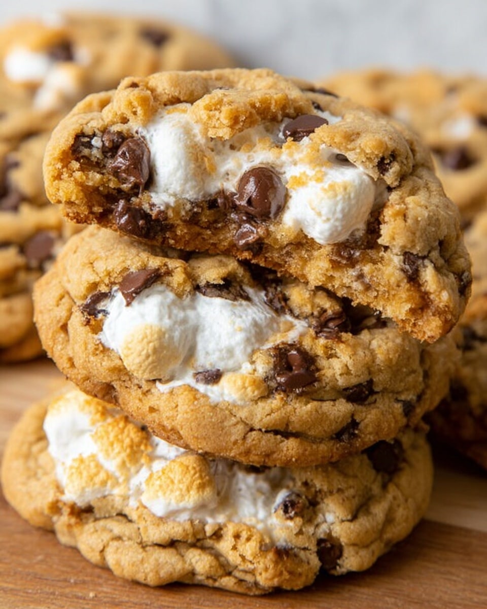 The image shows a close-up of soft, golden-brown cookies stacked on a light wooden surface with a white marbled texture background. Each cookie has a rough, slightly cracked surface, showing gooey melted white marshmallow layers inside, mixed with dark brown chocolate chips scattered throughout. The cookies appear thick and chewy, with a mix of smooth, bubbly texture from the marshmallows and chunky bits from the chocolate, creating a rich layered look. Photo taken with an iphone --ar 4:5 --v 7