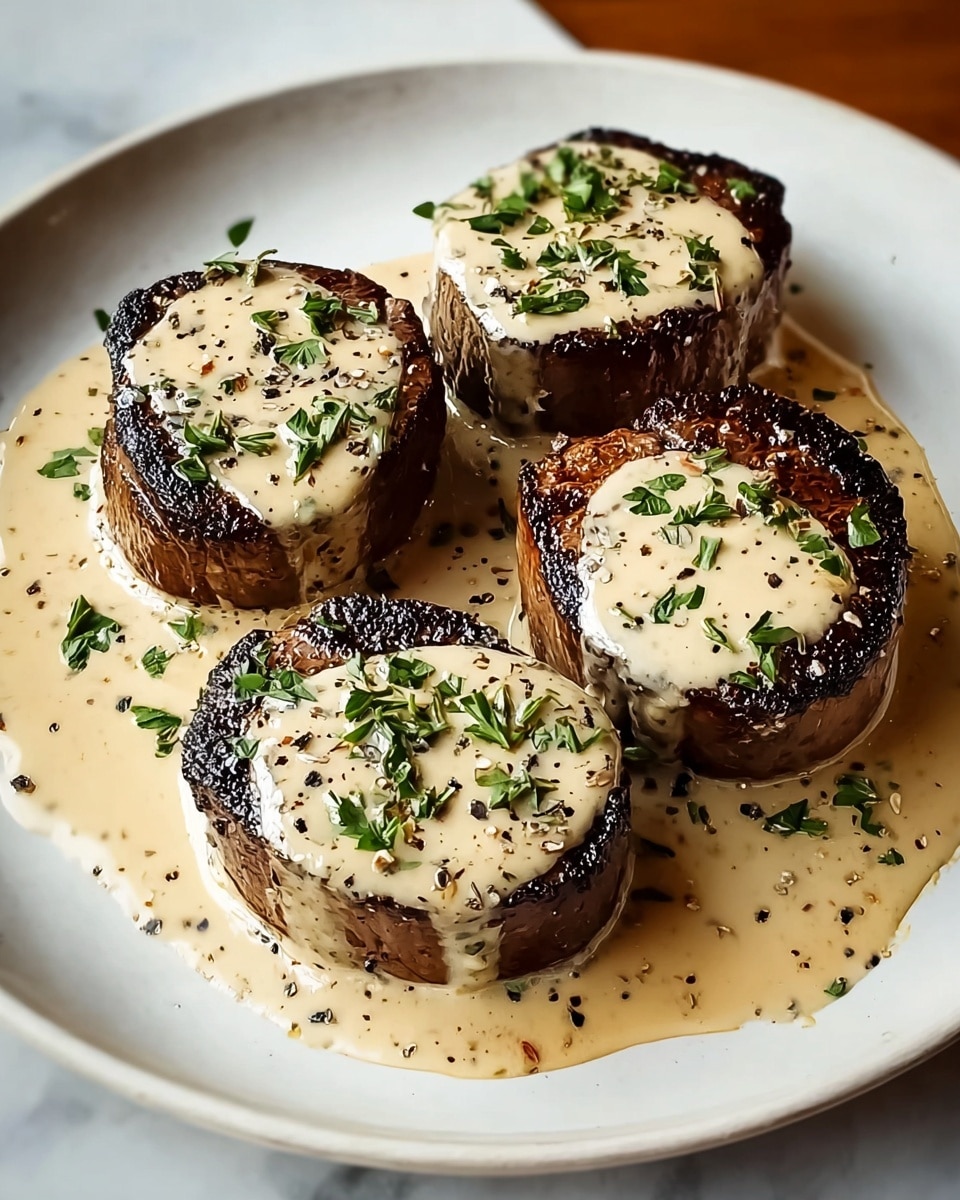 Four thick, round pieces of grilled steak with a dark brown, charred crust are arranged evenly on a simple white plate, each topped with a smooth, creamy beige sauce lightly speckled with black pepper and fresh green chopped herbs. The sauce pools softly around the steak pieces, spreading across the plate’s base. The surface beneath the plate is a white marbled texture, adding a clean and elegant touch to the image. Photo taken with an iphone --ar 4:5 --v 7