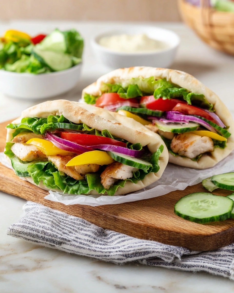 Two halves of a pita sandwich are placed on a wooden board with white parchment paper on top, and the board lies over a folded striped cloth. Each pita is filled with green lettuce leaves as the base layer, followed by slices of red tomato, yellow bell pepper, purple onion, and green cucumber arranged in a neat stack. Grilled chicken pieces sit at the top inside the pita, showing a light browned texture. Next to the board, scattered pieces of lettuce and onion slices lie on the white marbled surface. In the blurred background, a white bowl with lettuce and cucumber and another white bowl with a creamy sauce are visible. Photo taken with an iphone --ar 4:5 --v 7