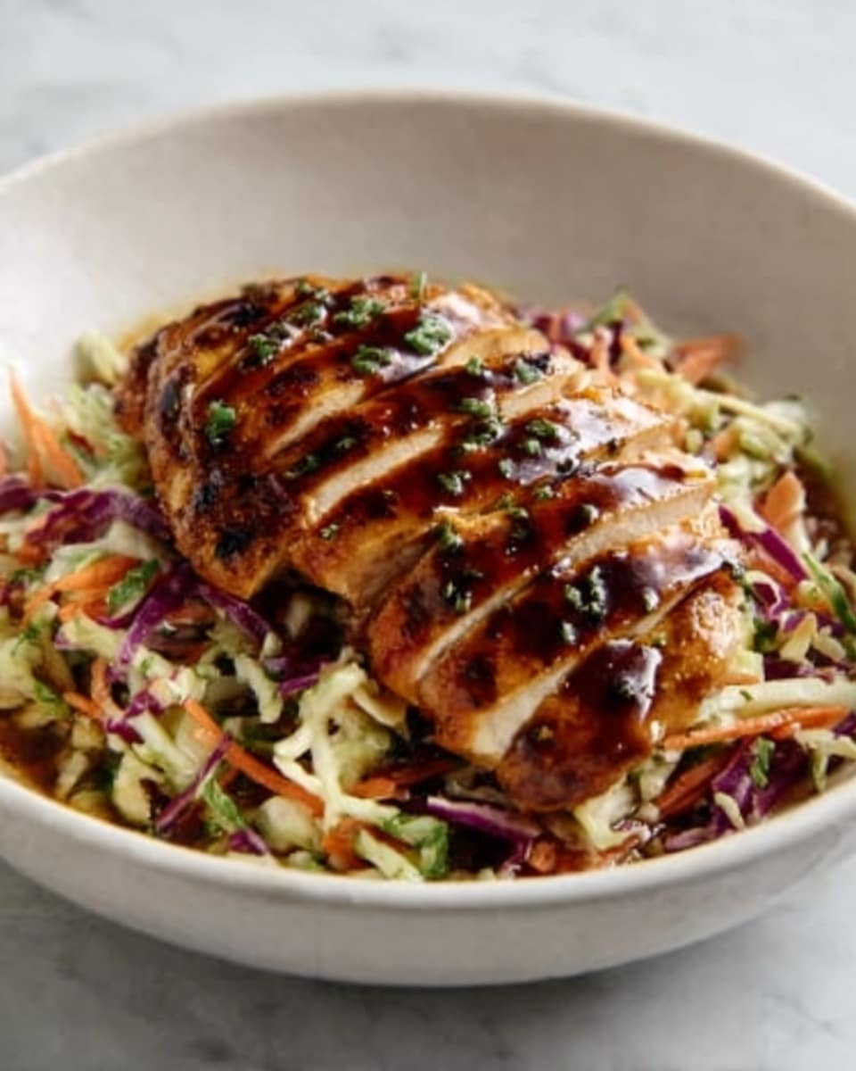 The image shows sliced grilled chicken arranged neatly in the center of a white bowl, with a glossy dark brown sauce drizzled on top. Underneath the chicken, there is a colorful slaw made of shredded purple, green, and orange vegetables, adding a mix of bright colors and crunchy texture. The bowl is placed on a white marbled surface, giving a clean and fresh look. Photo taken with an iphone --ar 4:5 --v 7