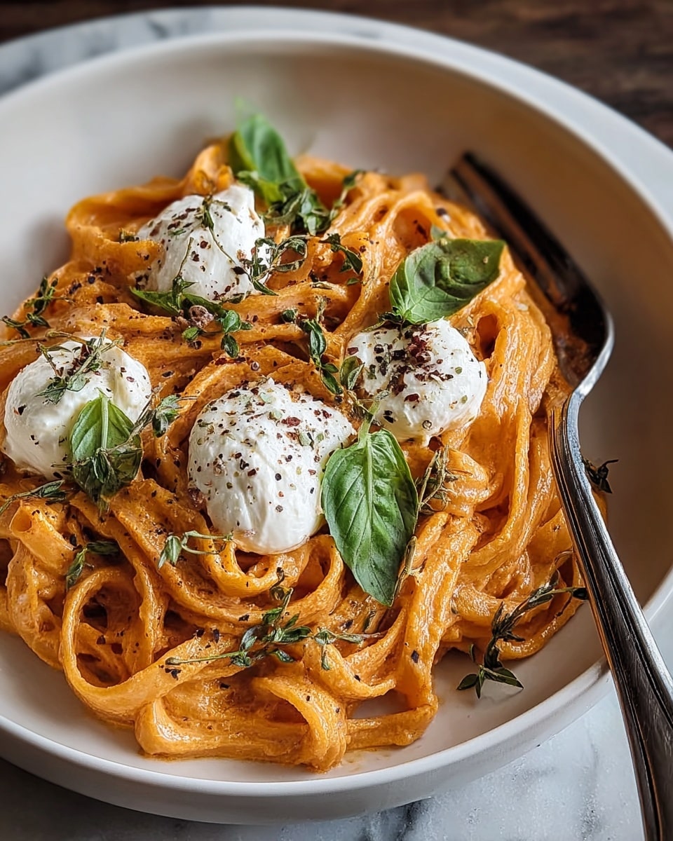 The dish is a close-up view of creamy orange pasta served in a white bowl, showing thick strands of fettuccine covered evenly in a rich orange sauce. On top, there are three dollops of soft white cheese with smooth, slightly melting texture, sprinkled with coarse black pepper and green herb leaves scattered across the surface. The pasta sits neatly piled in the center, with fresh bright green basil leaves placed on top and around the sides, adding contrast to the warm color of the sauce. A silver fork is resting on the side of the bowl, which sits on a white marbled surface. photo taken with an iphone --ar 4:5 --v 7