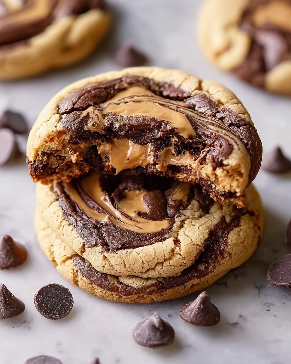 A close-up of two stacked swirled cookies on a piece of parchment paper, placed on a white marbled surface; the bottom cookie has a golden-brown outer edge with a soft texture and a center swirl of dark chocolate and creamy peanut butter with a smooth, glossy finish; the top cookie is broken in half, showing a chewy interior with the same swirled pattern of dark chocolate and peanut butter; scattered around the cookies are dark chocolate chips, enhancing the rich feel of the scene. photo taken with an iphone --ar 4:5 --v 7