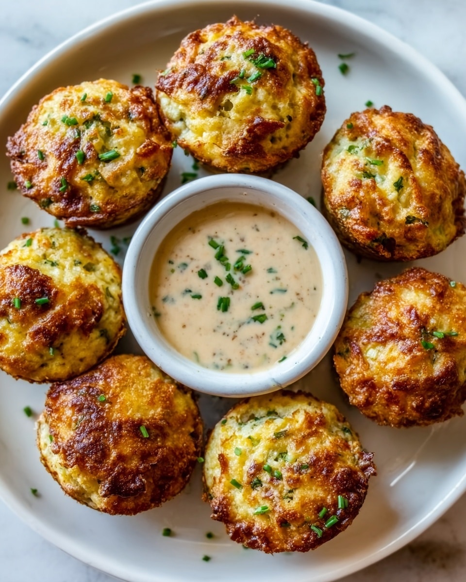The image shows a round white plate with six golden-brown baked savory muffins arranged in a circle around a small white bowl filled with a creamy light brown dipping sauce speckled with green herbs. Each muffin has a slightly rough, crispy top with some darker browned spots and green herb bits sprinkled on the surface. The plate is placed on a white marbled texture surface. photo taken with an iphone --ar 4:5 --v 7