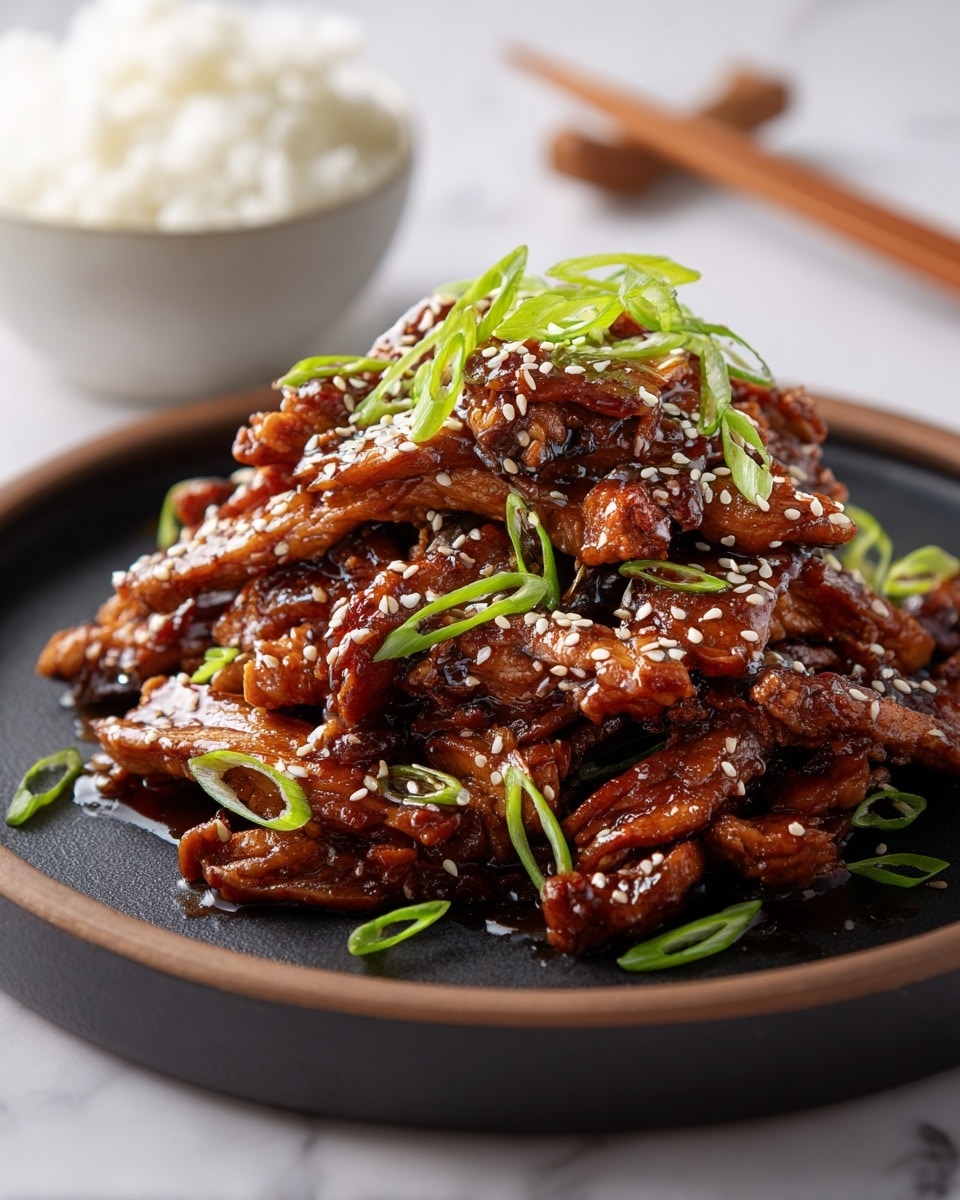 A white plate holds a pile of glossy, dark brown teriyaki chicken strips, each piece thick and coated in a shiny sauce. The chicken is layered in a heap, with a textured surface showing the meat fibers. On top, bright green sliced spring onions are scattered, adding a fresh pop of color along with small white sesame seeds sprinkled all over the chicken. The background is a white marbled surface, and soft lighting highlights the glossy sauce and fresh toppings. Photo taken with an iphone --ar 4:5 --v 7