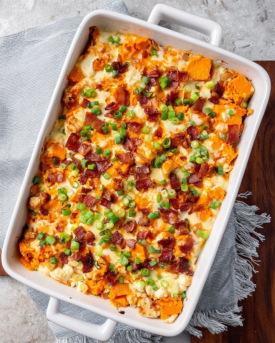 A white rectangular baking dish filled with a layered casserole showing a base layer of creamy melted cheese mixed with tender orange chunks of cooked sweet potatoes. On top, there are small pieces of crispy browned bacon scattered evenly and fresh chopped green onions adding a bright green contrast. The edges show some browned cheese and sweet potato bits slightly caramelized. The dish sits on a white marbled textured surface with a fringed light gray cloth beside it. photo taken with an iphone --ar 4:5 --v 7