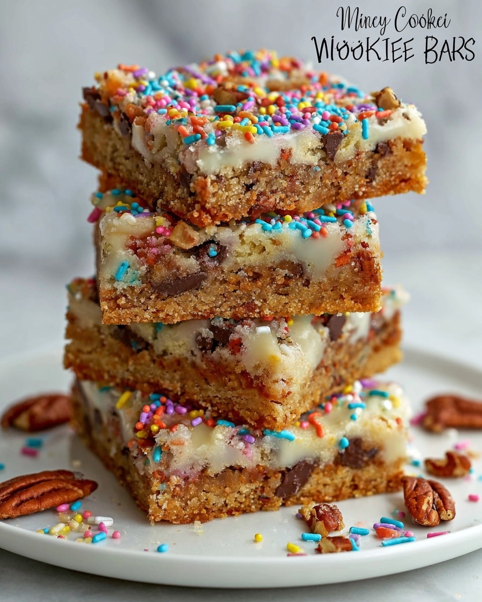 A stack of four thick cookie bars sits on a white plate, each bar showing three main layers: a dense, golden brown crumbly base, a middle layer with melted chocolate chips and nuts, and a top layer covered with a light gooey glaze sprinkled with colorful round sprinkles. Some pecan pieces and sprinkles are scattered around the plate. The background is a white marbled texture. photo taken with an iphone --ar 4:5 --v 7
