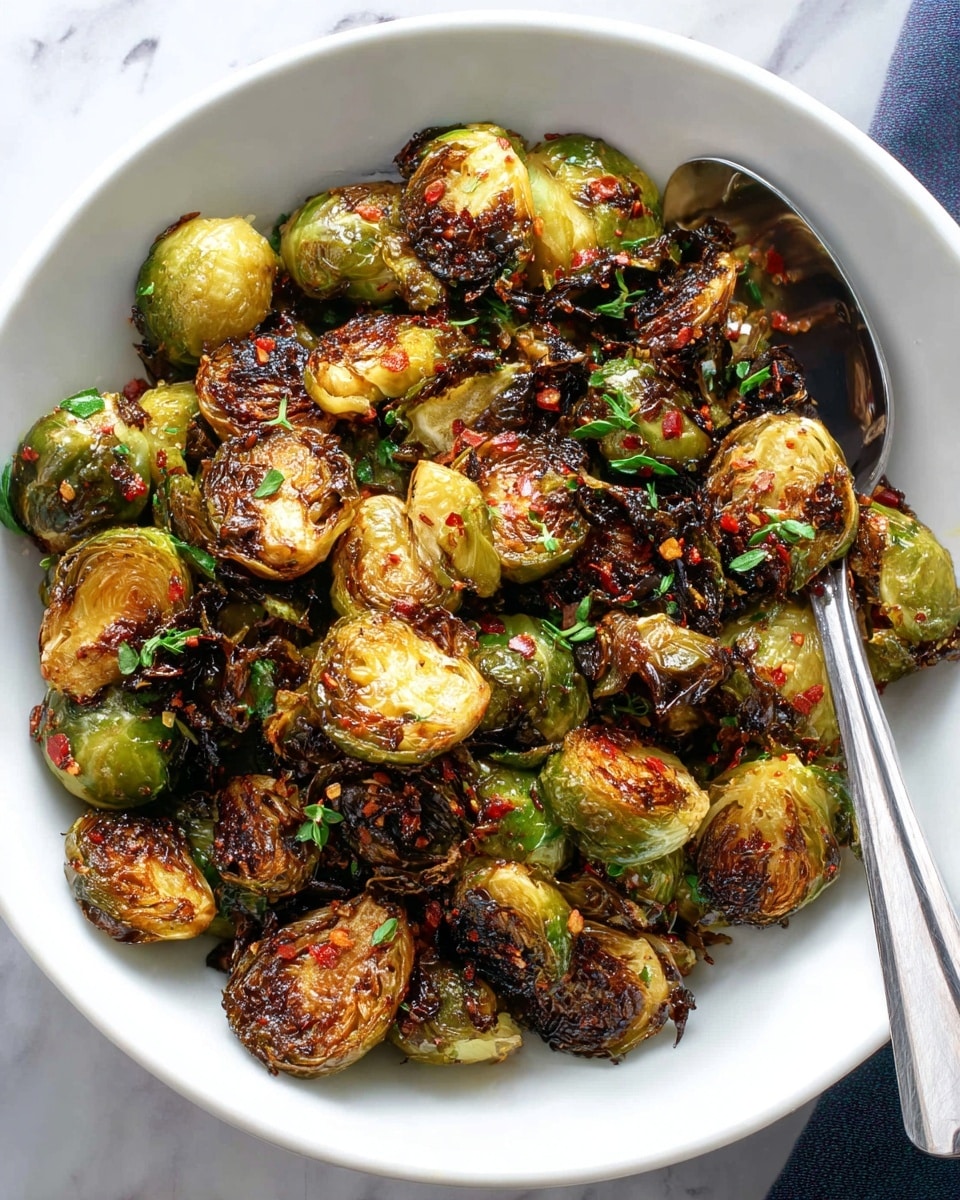 A white bowl filled with crispy roasted Brussels sprouts, showing a mix of golden brown, dark charred, and bright green colors from the different textures and cooking levels. The Brussels sprouts have some red chili flakes sprinkled on top with small bits of green herbs mixed in. A silver spoon rests inside the bowl on the right side. The bowl is placed on a surface with a white marbled texture. photo taken with an iphone --ar 4:5 --v 7