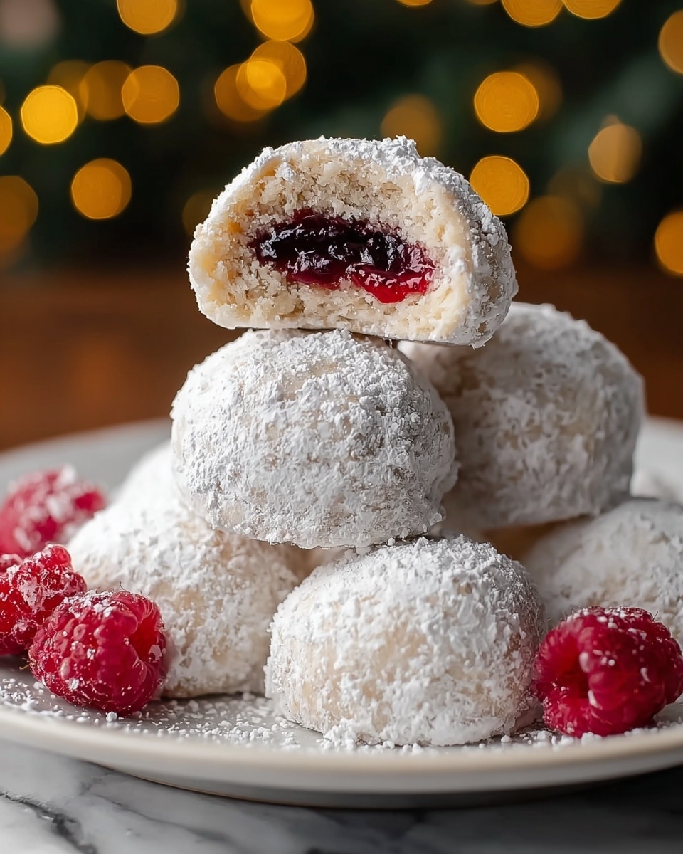 Five round snowball-like treats are stacked on a white plate, each covered with a thick layer of white powdered sugar that gives them a rough, snowy texture. One treat is cut in half and placed on top, showing a soft, crumbly outer layer in a pale beige color, with a glossy, deep red jam filling inside that contrasts sharply against the light outer coating. Around the plate, a few fresh red raspberries add bright spots of color, and the scene is set against a soft-focus background with warm yellow bokeh lights. The plate sits on a white marbled surface. photo taken with an iphone --ar 4:5 --v 7