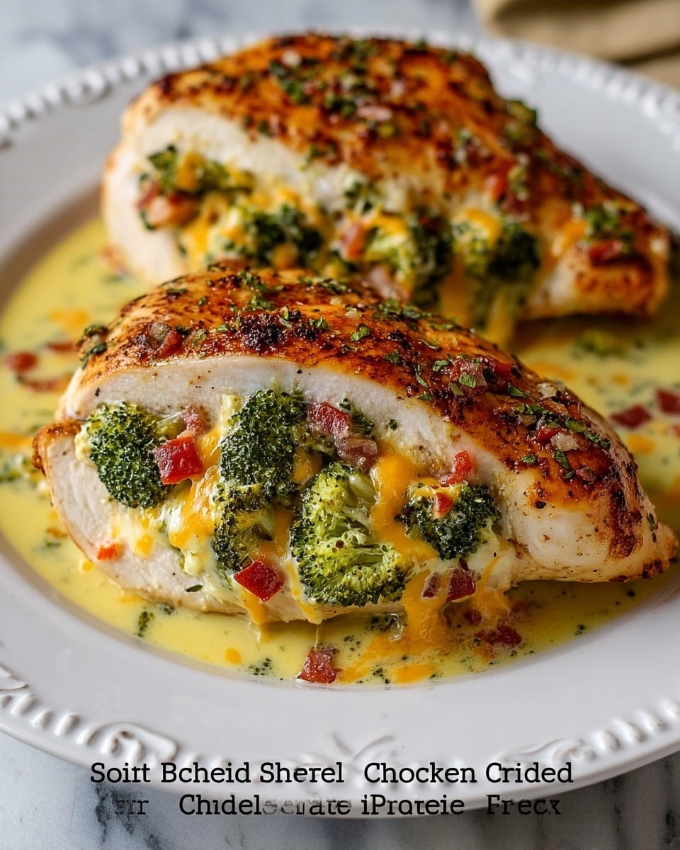 The image shows two large boneless, skinless chicken breasts placed side by side on a white plate with decorative edges. Each chicken breast is sliced open and stuffed with a colorful mix of bright green broccoli florets and melted yellow cheddar cheese, with small bits of red bell pepper scattered inside. The chicken skin has a golden brown, slightly crispy texture on top, while the inside looks tender and juicy. A creamy, light yellow sauce surrounds the chicken on the plate, adding a glossy finish. The plate rests on a white marbled surface. photo taken with an iphone --ar 4:5 --v 7