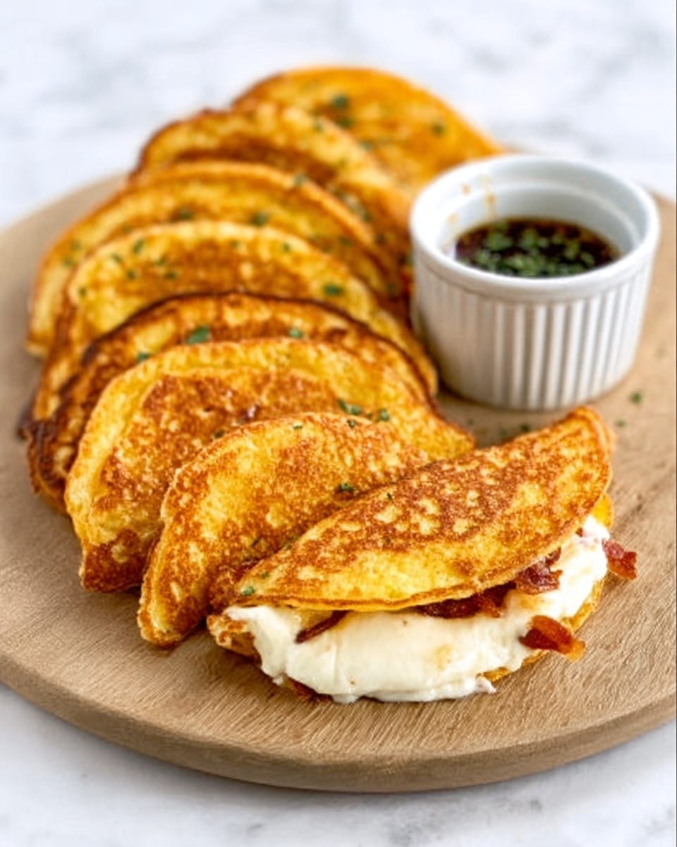 The image shows a wooden serving board placed on a white marbled surface, filled with golden brown, crispy pancakes stacked neatly in two rows. The front row features thick, round pancakes stuffed with melted white cheese and bits of crispy bacon, visible as the pancakes are cut into halves revealing gooey cheese stretching out. The back row consists of plain pancakes, also golden with a slightly crispy texture and sprinkled with small green herbs. A small white bowl filled with dark dipping sauce garnished with green herbs sits to the right on the board. Photo taken with an iphone --ar 4:5 --v 7