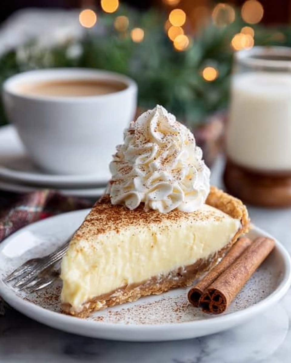 A slice of creamy pale yellow pie with a golden brown crust, topped with a generous swirl of white whipped cream dusted with light brown cinnamon powder, sits on a white plate. Next to the pie is a brown cinnamon stick. Behind the plate, there is a white cup filled with coffee and a clear glass with a white drink. The background shows blurry warm lights and some green branches, set on a white marbled surface. Photo taken with an iphone --ar 4:5 --v 7
