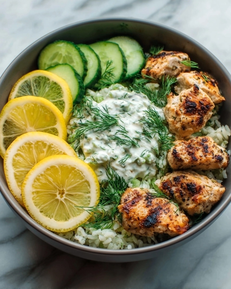 The image shows a white bowl filled with a colorful meal on a white marbled surface. Inside the bowl, there are four main sections: three bright yellow lemon slices on the left, next to thin, round slices of green cucumber with visible seeds. The main part of the bowl has a scoop of white rice mixed with green dill herbs, giving it a soft, fluffy texture. On the right side, there are five grilled chicken pieces with a golden-brown char and visible grill marks. The bowl is full and the food looks fresh and well arranged. photo taken with an iphone --ar 4:5 --v 7