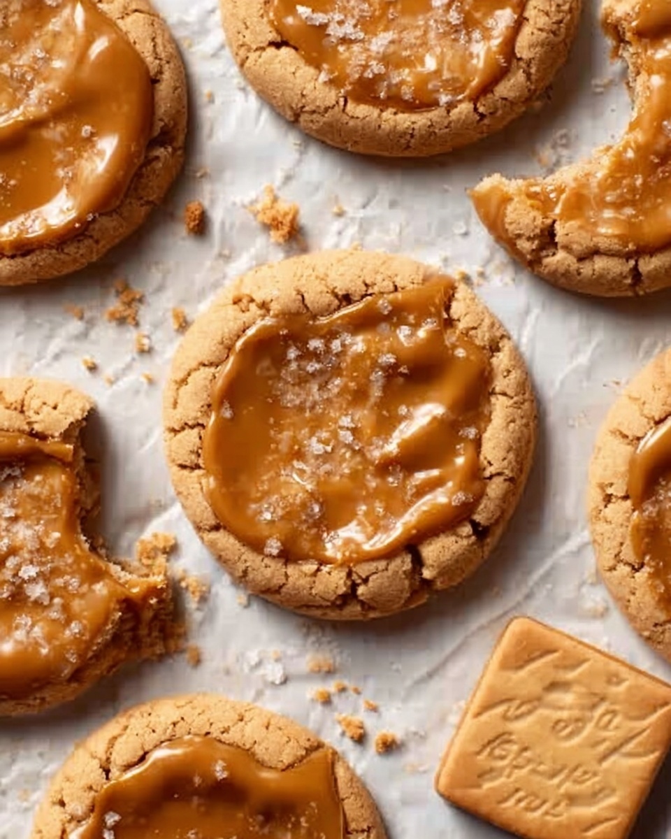 The image shows a group of cookies arranged on a white marbled surface. Each cookie is round with a slightly cracked texture on top, and they have a light brown color with a golden caramel or butterscotch topping spread unevenly on each one. One cookie in the center has a woman’s hand holding it with a bite taken out, revealing a soft and chewy interior. Some crumbs are scattered around the cookies, adding a casual and homemade feel to the scene. Photo taken with an iphone --ar 4:5 --v 7