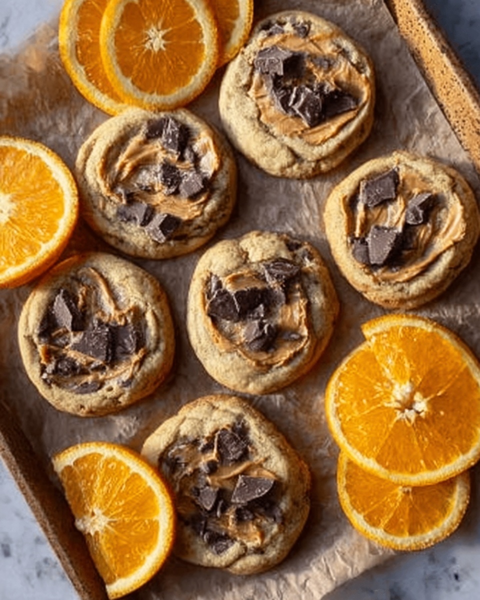 The image shows six small round cookies with a golden-brown color, topped with dark chocolate chips scattered unevenly on each cookie. The cookies are placed on a white baking tray lined with parchment paper. Around the tray, there are several halved bright orange citrus fruits placed on a white marbled surface, adding a fresh contrast to the warm tone of the cookies. The cookies have a slightly rough texture with visible cracks on the surface, and the chocolate chips are glossy and slightly melted. Photo taken with an iphone --ar 4:5 --v 7