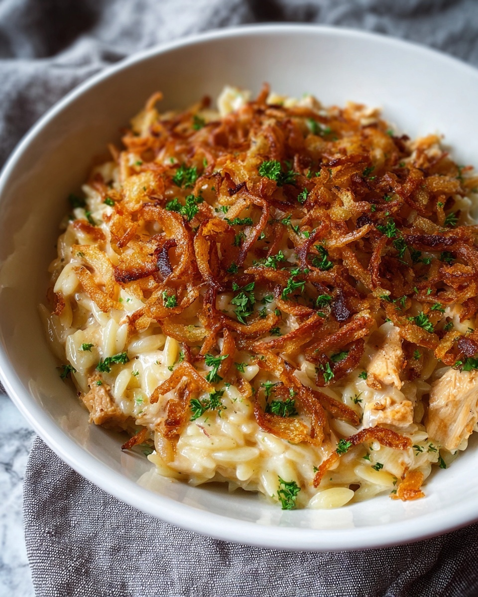 A white bowl filled with creamy orzo pasta layered with tender pieces of light brown chicken mixed within, topped with a generous layer of crispy golden-brown fried onions and sprinkled with small bits of bright green parsley, all sitting on a gray fabric with a white marbled texture in the background. photo taken with an iphone --ar 4:5 --v 7