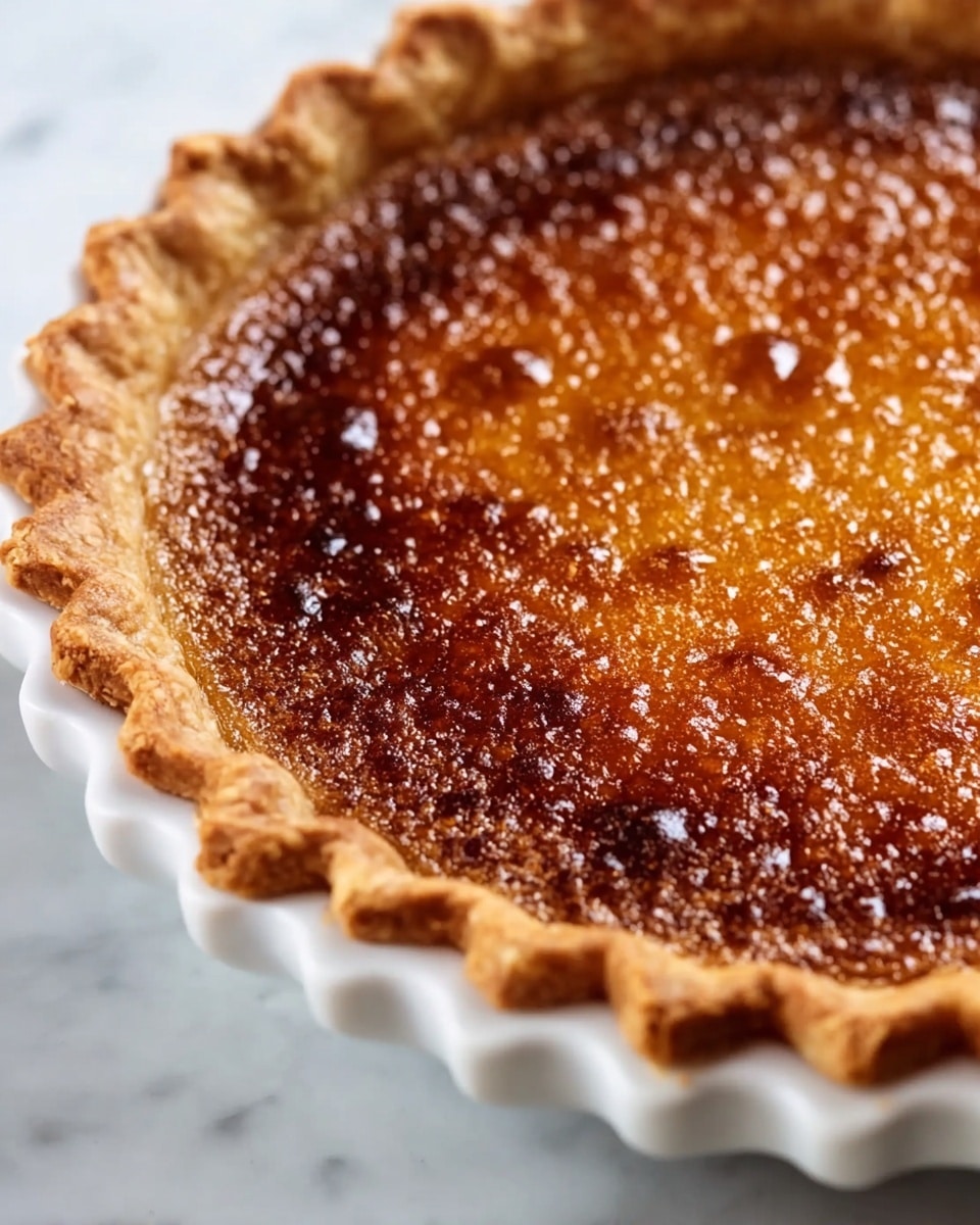 A close-up of a pie showing one thick golden-brown crust layer with a rough, scalloped edge. Inside, there is a rich, glossy, caramelized top layer with a deep amber color and small burnt spots that add texture. The pie sits in a round white pie dish set on a white marbled surface. The overall look is warm and inviting, with a crunchy and smooth texture contrast. photo taken with an iphone --ar 4:5 --v 7