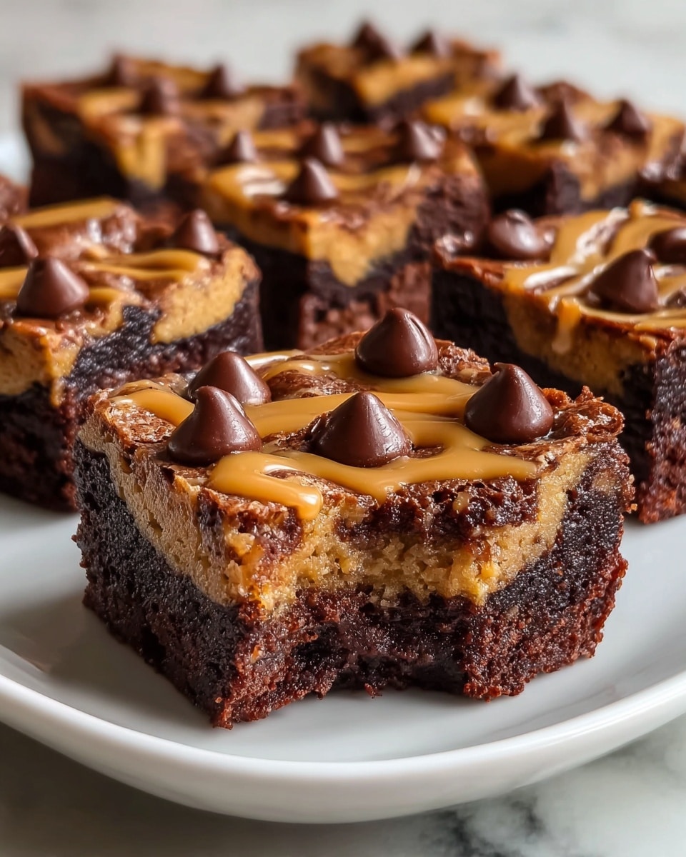 The image shows thick, square brownie bites with two clear layers. The bottom layer is dark brown, dense, and rich looking. The top layer is lighter brown with a swirled, gooey texture. On top of each brownie piece, there is a drizzle of caramel-colored sauce and several glossy dark brown chocolate chips, placed irregularly. The edges of the brownies are slightly crisp, and one piece at the front has a bite taken out, revealing the soft inside. The brownies are arranged on a white plate set on a white marbled surface. Photo taken with an iphone --ar 4:5 --v 7