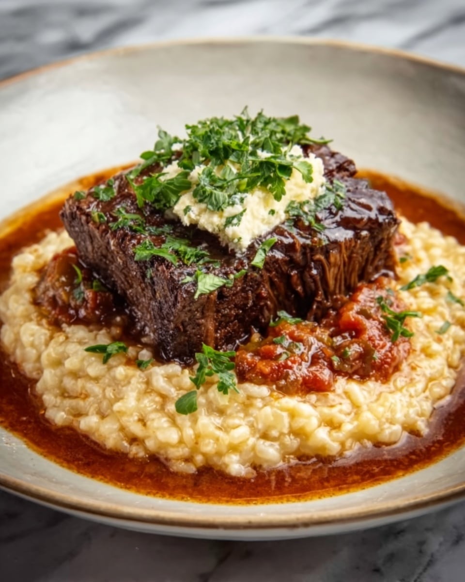 A thick piece of dark brown, tender beef rests on a bed of creamy light beige risotto spread evenly on a white plate. The beef is topped with a small dollop of white butter slowly melting and fresh green chopped herbs sprinkled on top. Surrounding the beef and risotto is a rich, chunky reddish-brown sauce that pools around the edges, adding depth to the presentation. The plate sits on a white marbled surface. photo taken with an iphone --ar 4:5 --v 7