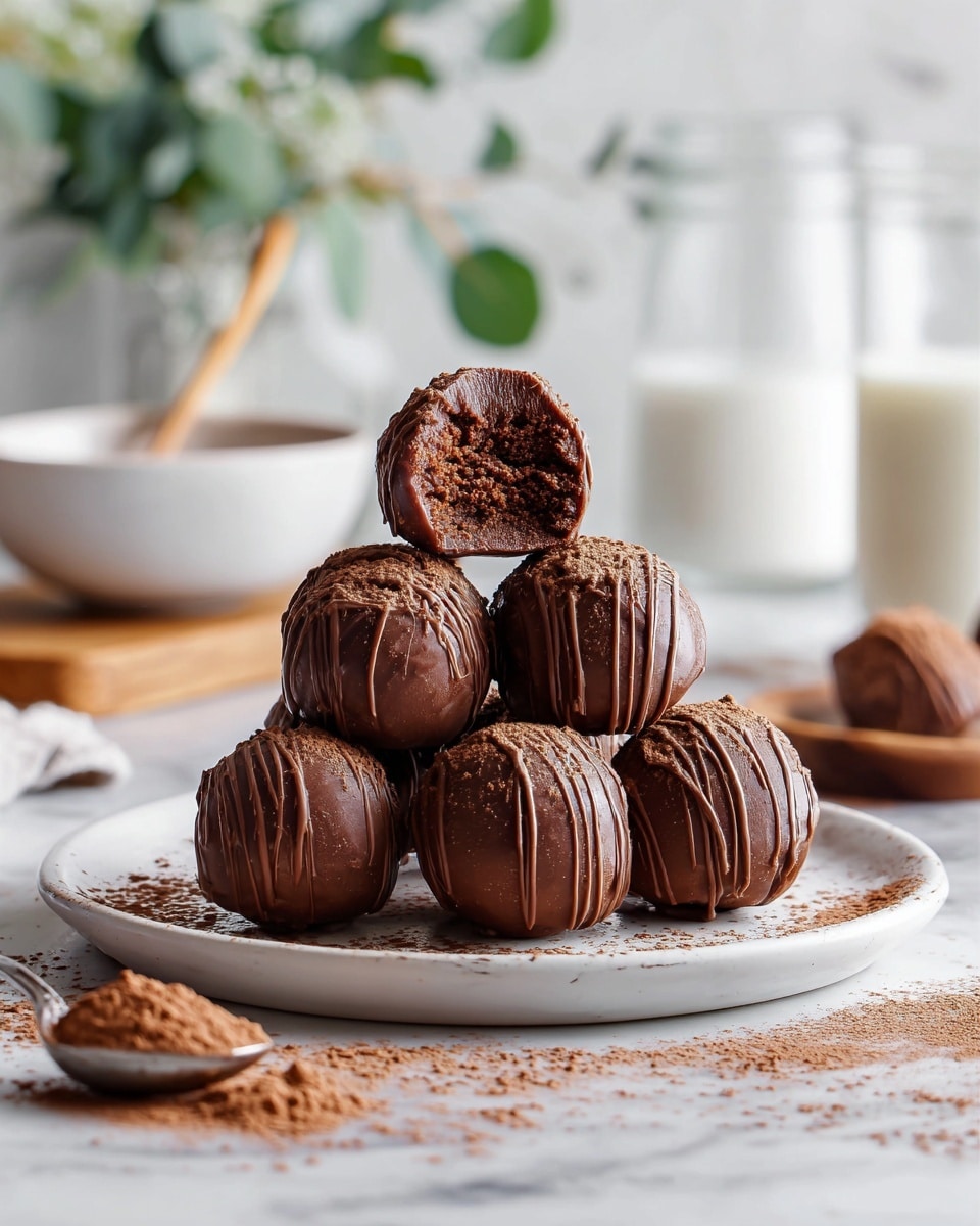 A stack of six shiny chocolate balls is arranged in a pyramid shape on a white plate. The base has four balls, the middle layer two, and one ball on top with a bite taken out, showing a crumbly, rich chocolate inside. Each ball is drizzled with thin lines of chocolate and light cocoa powder dusts the top and plate. The plate sits on a white marbled surface, next to a spoon filled with cocoa powder. In the blurred background, there is a glass of milk, a bowl with a wooden spoon on a wooden board, and some green leaves in a white vase. photo taken with an iphone --ar 4:5 --v 7