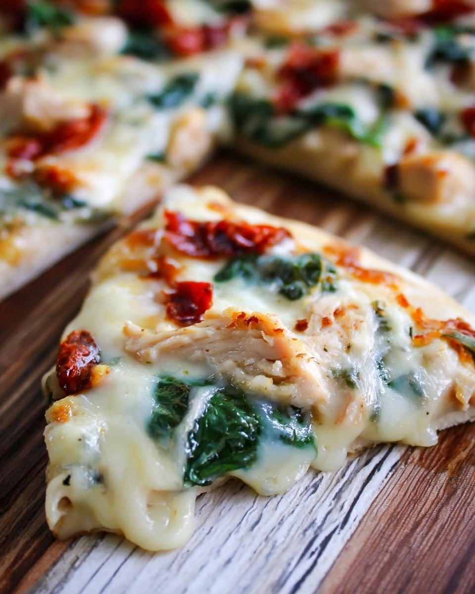 A close-up of a cheesy pizza slice on a wooden surface with a white marbled texture visible around the edges. The pizza has three main layers: a thin white crust at the bottom, a creamy white cheese layer melted and stretching on top, and a mix of toppings including green spinach leaves, red sun-dried tomato pieces, and bits of light brown cooked chicken. The cheese looks smooth and soft, melting over the colorful toppings, with a slightly glossy texture from its melted state. Photo taken with an iphone --ar 4:5 --v 7